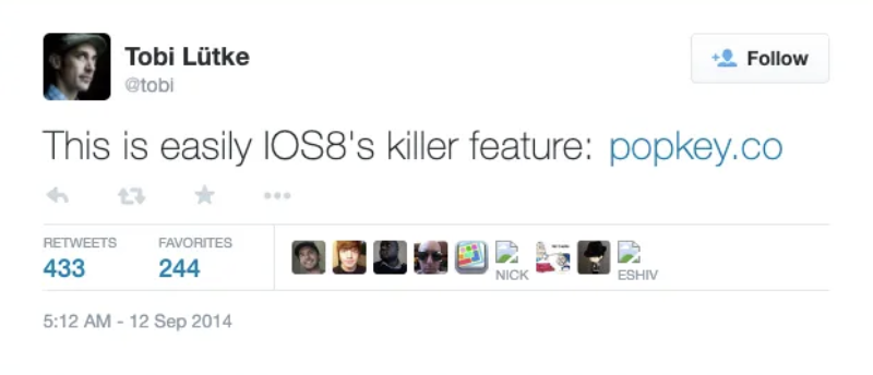 Tobi Lütke tweet praising PopKey as iOS8's killer feature