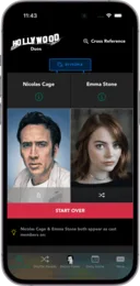 Hollywood Duos Cross Reference screen comparing Nicolas Cage and Emma Stone