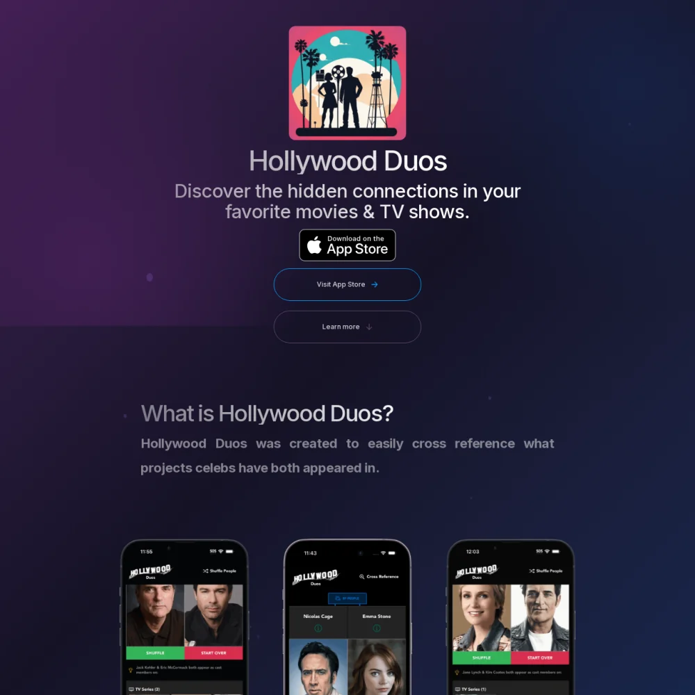 Hollywood Duos website with the app icon, App Store button and three iPhone screens