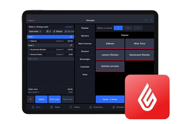 Lightspeed Restaurant point of sale on an iPad, showing a table order