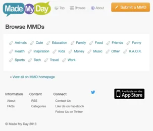 Made My Day website Browse page with post categories