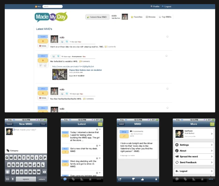 Made My Day website feed and iPhone app screens