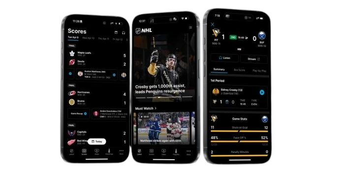 Three iPhones showing the NHL app: scores, a game story, and live game stats