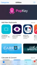 App Store Utilities page featuring PopKey under Add New Keyboards