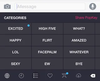 PopKey keyboard showing reaction categories: Excited, High five, What?, Happy, Flirt, Amazed, LOL, Facepalm, Whatever