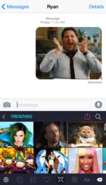 PopKey keyboard open in Messages, sending a GIF, with a row of trending GIFs below