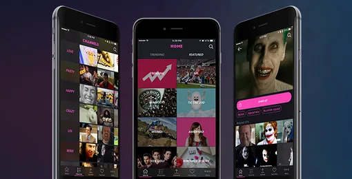 Three iPhones showing PopKey's dark GIF browsing screens