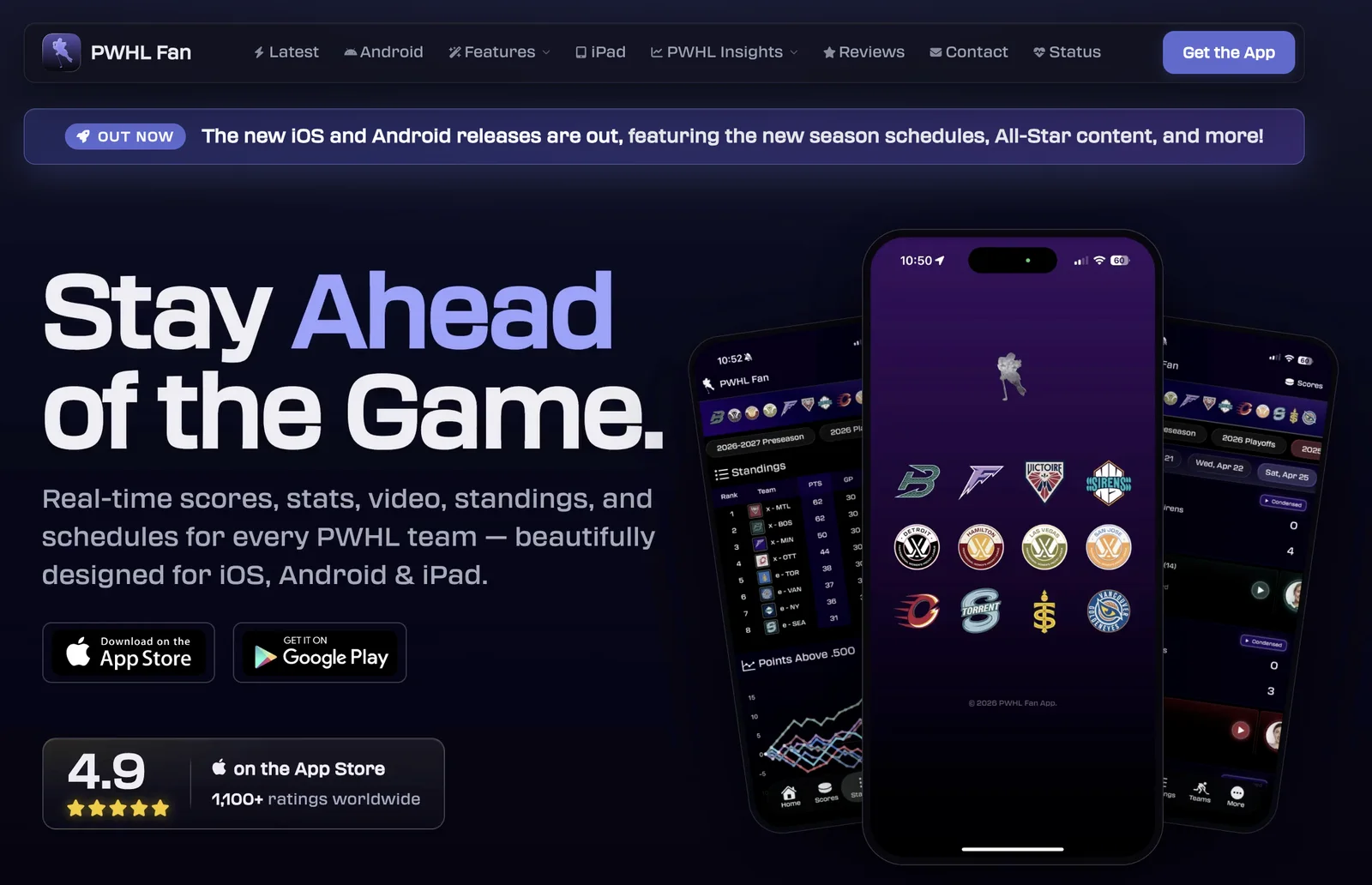 PWHL Fan website homepage: Stay Ahead of the Game headline, App Store and Google Play buttons, a 4.9 App Store rating from 1,100+ ratings, and three iPhones showing standings, team logos and scores
