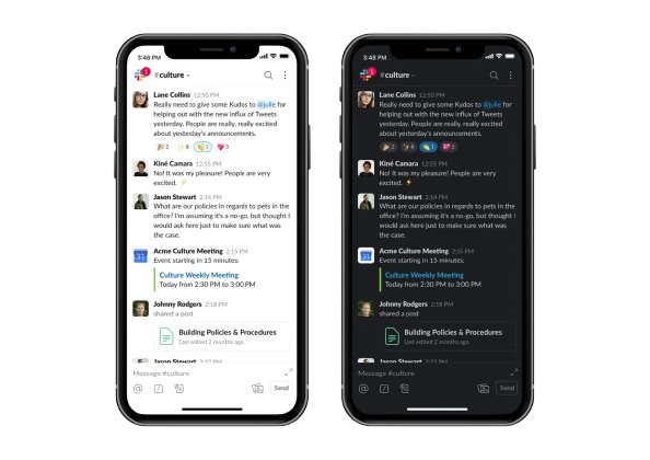 Two iPhones showing a Slack channel in light and dark mode